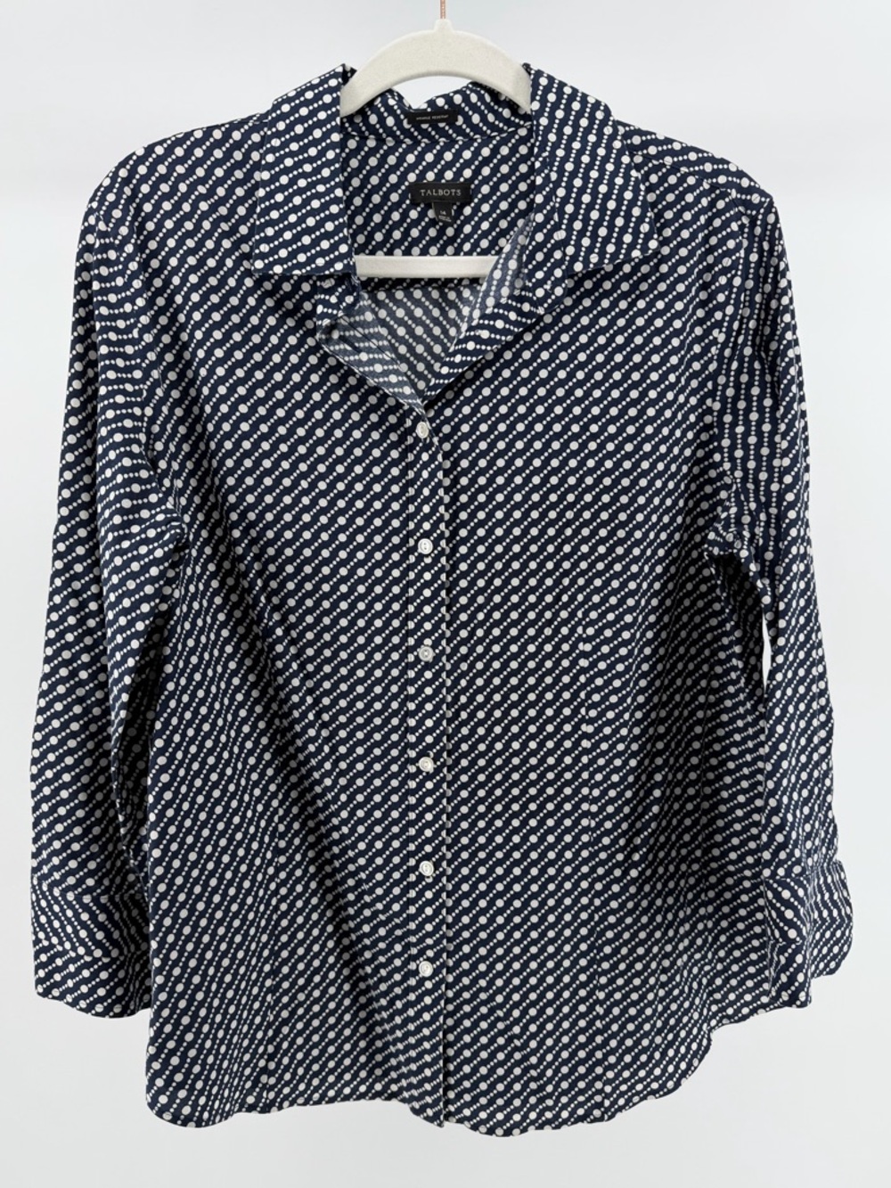 Talbots Wrinkle Resistant Navy White Dot Print Button-Down Blouse, Women's 14